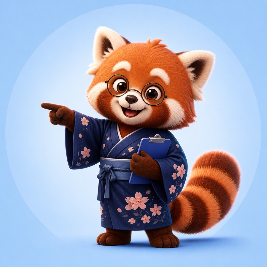 Redz, maskot red panda 3D memakai yukata biru, menunjuk informasi kelas